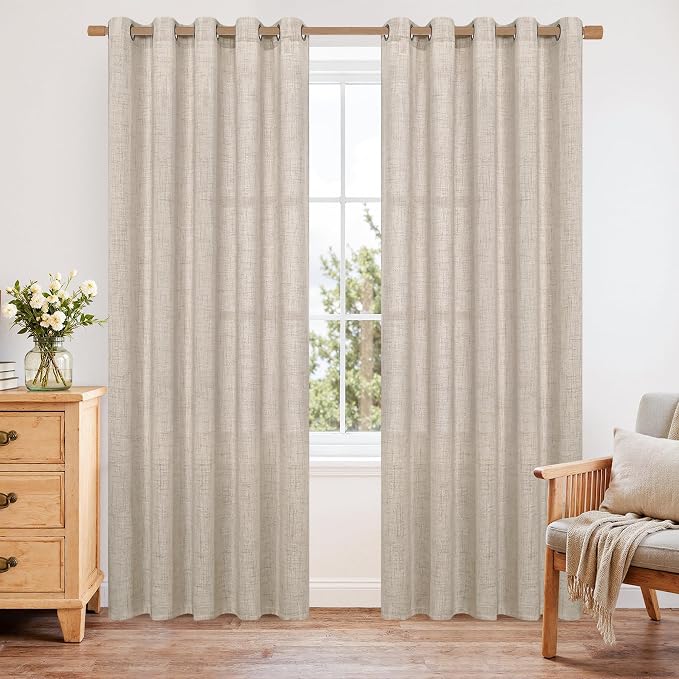 YoungsTex Natural Linen Curtains for Living Room 60 Inch Wide Bronze Grommet Linen Textured Drapes 84 Inch Length Light Filtering Window Curtains Farmhouse, 2 Panels, 60 X 84 Inch
