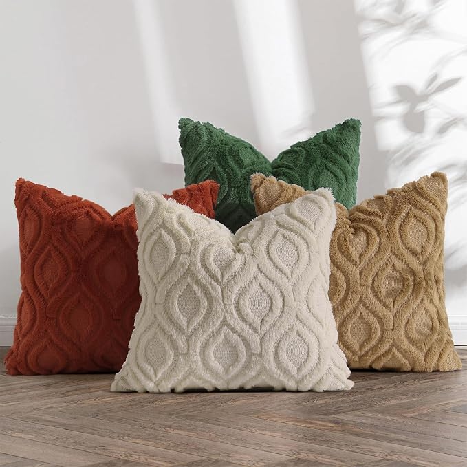 decorUhome Green Rust Faux Fur Soft Throw Pillow Covers 20x20 Set of 4 | Fall Neutral Decorative Plush Couch Pillow Covers, Accent Modern Farmhouse Neutral Pillow Cases for Sofa Bed Living Room