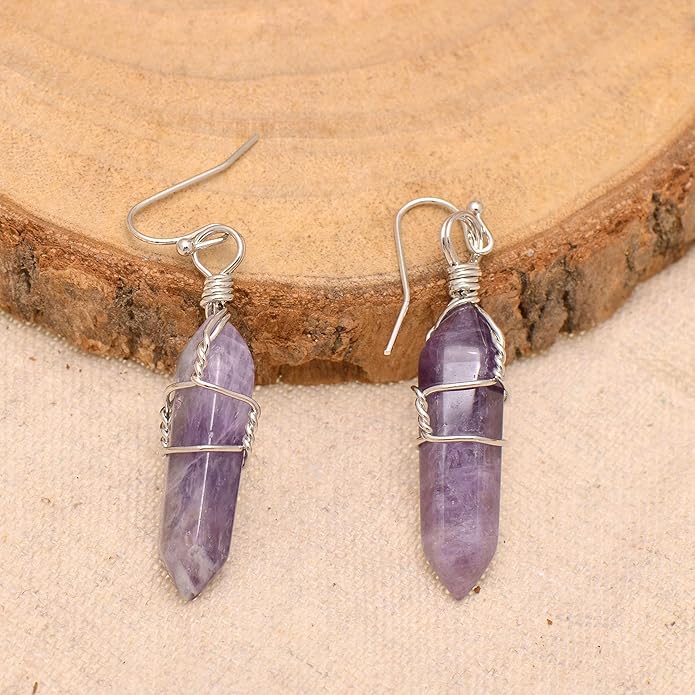 Polished Stone Wire Wrapped Point Crystal Earrings for Women Reiki Energy Healing