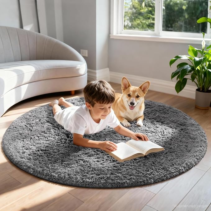 Ophanie Round Rug 5Ft Grey Circle Area Rugs,Fluffy Fuzzy Bedroom Carpet 5 Foot,Plush Shag Indoor Floor Gray Living Room Circular Decor for Kids Teen Boys Baby,Classroom with Over 99 pcs Pile fibers