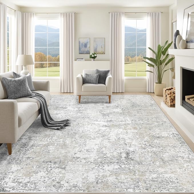 XLUEZ 10x14 Area Rugs for Living Room, Washable Modern Abstract Large Area Rug Neutral Soft Non Slip Kids Rug Stain Resistant Indoor Carpet for Bedroom Dining Room Playroom Office(BeigeGrey, 10'x14')