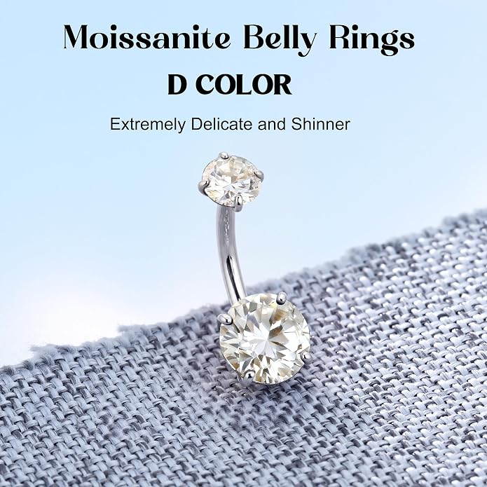 GEMQUEEN Moissanite ＆ G23 TItanium Belly Button Ring 18K Gold Plated Hypoallergenic Internally Threaded Belly Rings 14G Navel Piercing Jewelry For Women Men D Color VVS1 Clarity Brilliant Cut