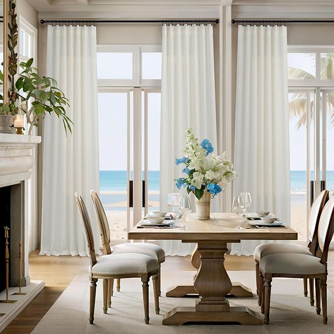 Semi Sheer Linen Curtains 110 Inches Long 2 Panels Set Cream Ivory Living Room Ceiling to Floor Curtains Modern Farmhouse Natural Light Filtering Extra Long Drapes for Large Window 52 x 110 Inch