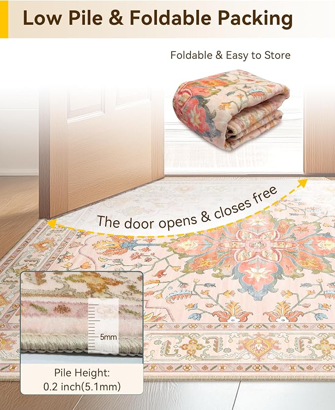 RELEANY Area Rugs Runner 2'x8' Washable Non-Slip, Floral Vintage Distress Medallion Carpet for Kitchen Hallway Bedroom Beside Laundry Room Bathroom, Light Pink Colorful