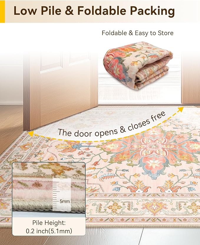 RELEANY Area Rugs Small 2'6"x4' Washable Non-Slip, Floral Vintage Distress Medallion Carpet for Kitchen Entryway Bathroom, Light Pink Colorful