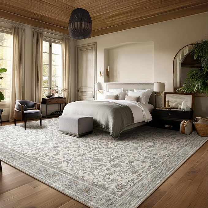 Washable Rugs for Living Room: 9x12 Area Rugs for Bedroom Ultra Soft Non-Slip Stain Resistant Vintage Boho Large Carpet for High-Traffic Dining Room - Farmhouse Decor