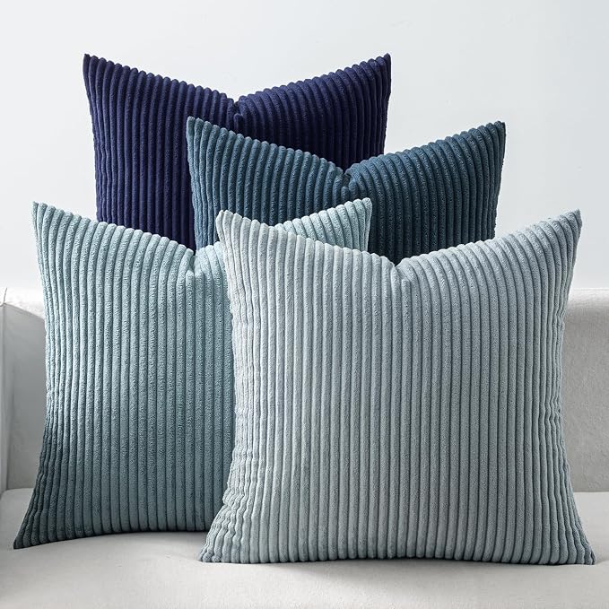 EMEMA Coastal Blue Decorative Throw Pillow Covers 16x16 Inch Set of 4 Boho Farmhouse Corduroy Striped Square Pillow Case,Western Modern Cushion Covers for Couch Bed Livingroom Home Decor