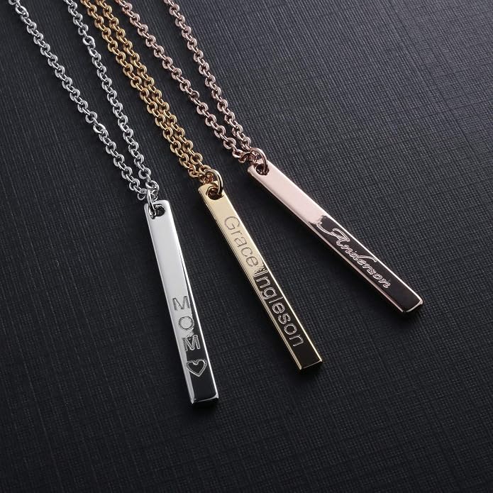 Personalized Vertical Bar Name Necklace, Custom Engraved His and Hers Couples Pendant in Old English Cursive or Block Script, 16K Gold Silver Plated Stainless Steel, Anniversary Birthday Gift