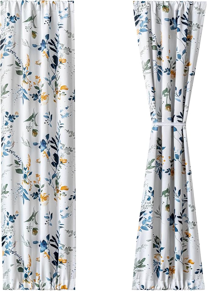 MYSKY HOME Floral French Door Curtains 72 inch Long 2 Panels - Blackout Privacy Sidelight Door Window Drapes with Rod Pocket, Yellow and Blue, 24" W Each Panel