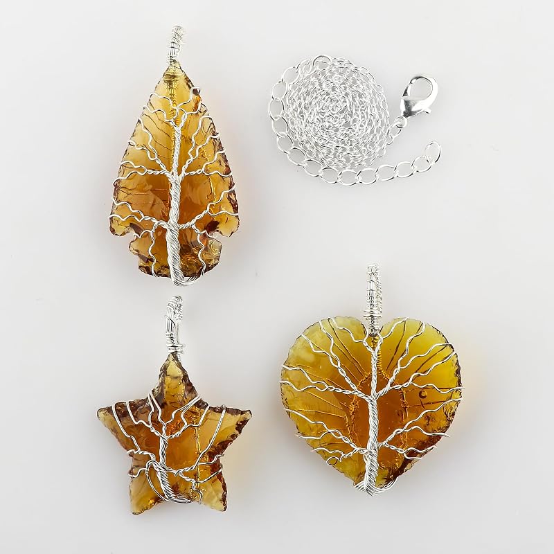 (3pcs) (Tree of Life Craft) Raw Yellow Sea Glass Rough Crystals Pendant Necklace, Heart & Star & Arrow Shapes, Wire Wrapping, Women Jewelry with Dainty Silver Plated Chain 18 inch