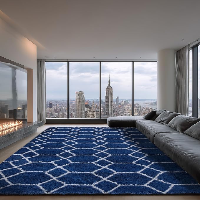 Fluffy Rug for Living Room, Soft Modern 8x10 Blue and White Shag Area Rugs | Non Slip Blue Carpet for Bedroom, Home Decor Aesthetic, Washable Large Fuzzy Plush Floor Mat for Nursery Teen Dorm