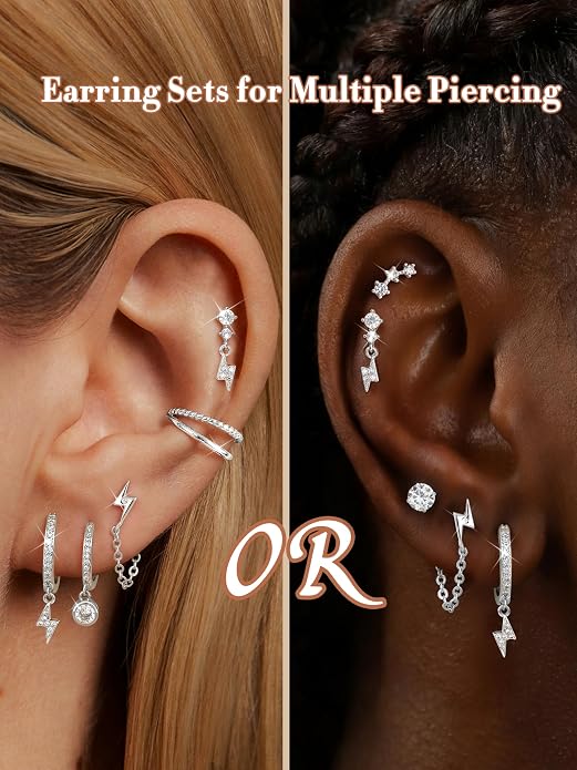 Dochais Flat Back Cartilage Earrings for Women Trendy Dainty CZ Flatback Studs Earing Sets 14k Gold Plated Hypoallergenic Huggie Hoops Earring Stacks for Multiple Piercing