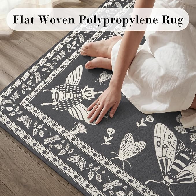 AMOAMI-Outdoor Rug-Patio Rug 5x8 ft Quick Dry Machine Washable Flatweave Textured Outdoor Carpet with Rubber Particles Backing Indoor Outdoor Rug for Patio Deck Front Porch Balcony Greyish Black