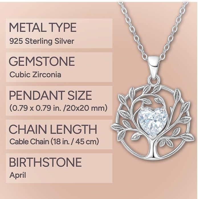 ADITA GOLD Tree of Life Necklace for Women, 925 Sterling Silver Birthstone Pendant, Simulated Gemstone, Jewelry