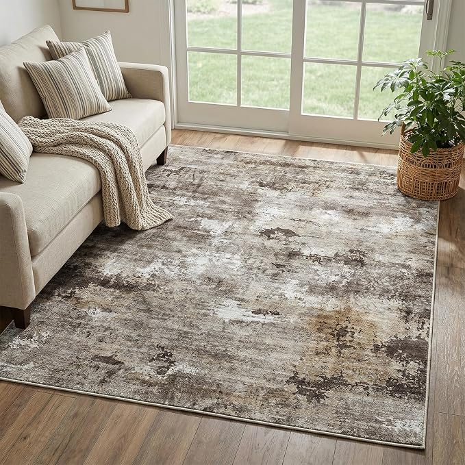 Modern Abstract Area Rug Distressed Faux Wool Stain-Resistant Carpet for Kitchen Bedsides Laundry Room 0.26 Inch Low Pile Non Slip Floor Mat, Brown, 3'x5'