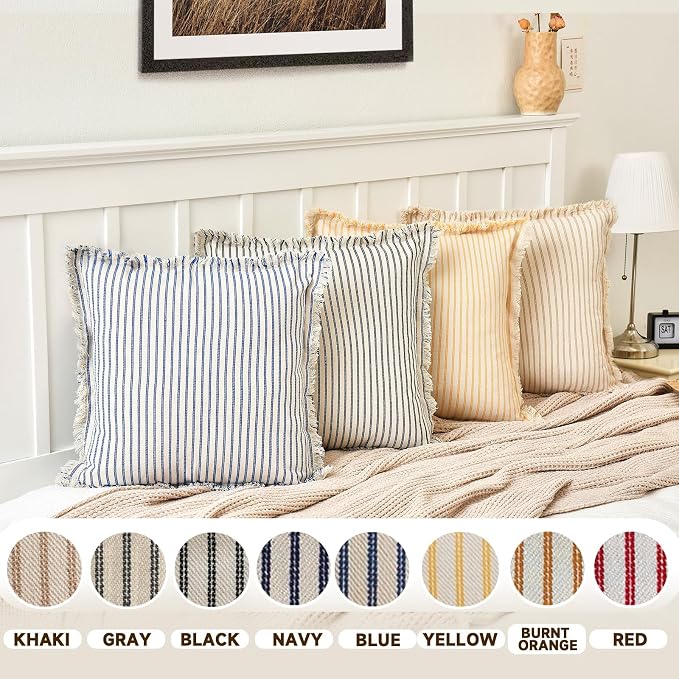 ZWJD Throw Pillow Covers 22x22 Set of 2 Striped Pillow Covers with Fringe Chic Cotton Decorative Pillows Square Cushion Covers for Sofa Couch Bed Living Room Farmhouse Decor, (Khaki)