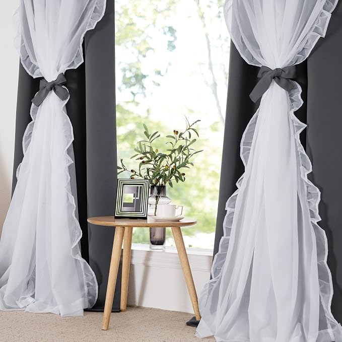 PONY DANCE Ruffle Sheer Overlay Blackout Curtains for French Country Bedroom, Window Treatment Double Layer Drapes, Farmhouse Rustic Design, W 52 x L 84 Inches, Grey, 2 Panels