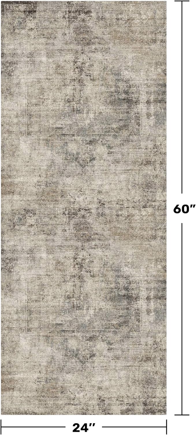 Vintage 2x5 Taupe Runner Rugs for Indoor Entryway, Washable Farmhouse Kitchen Rugs with Rubber Backing, Entryway Indoor Runner for Bathroom, Home Office Floor Rug, Non-Slip Stain & Fade Resistant