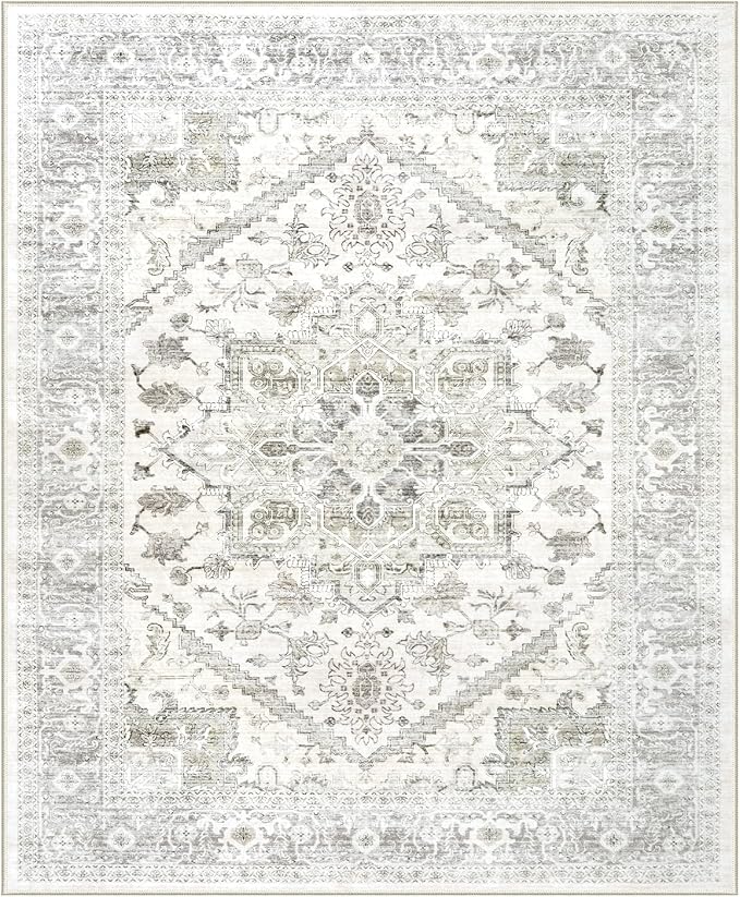 LIVEBOX Washable Area Rug 8x10 - Large Beige Vintage Tribal Living Room Rug Oriental for Bedroom, Non-Slip Retro Medallion Carpet Print Distressed for Dining Room Guest Office