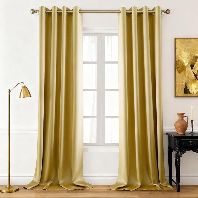 HOMEIDEAS 2 Panels Gold Faux Silk Blackout Luxury Curtains, 52 X 96 Inch Room Darkening Satin Thermal Insulated Vintage Christmas Window Drapes for Bedroom Decor