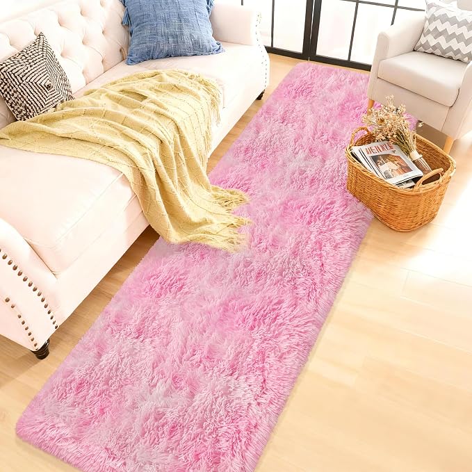 2x8 Pink Fuzzy Rug Runner for Bedroom Girls, Pink Shag Rug for Girls Room Bedside Living Room Hallway Plush Fuffy Carpet Runner for Kids Room Nursery Home