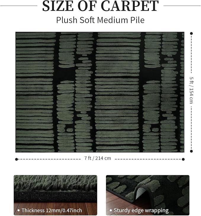YIHOUSE Abstract 5x7 Area Rug Olive Green: Washable Geometric Rug | Modern, Textured High Low Pile, Fluffy Soft, Striped Carpet for Living Room, Bedroom, Dining Room, Home Office Decor