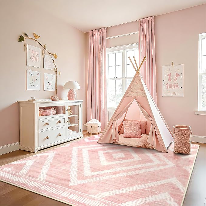 Boho Pink Washable Area Rugs 5x7ft for Living Room, Soft Bedroom Nursery Rugs Non Slip, Modern Thin Kids Playroom Floor Carpets for Dining Room Home Office Decor