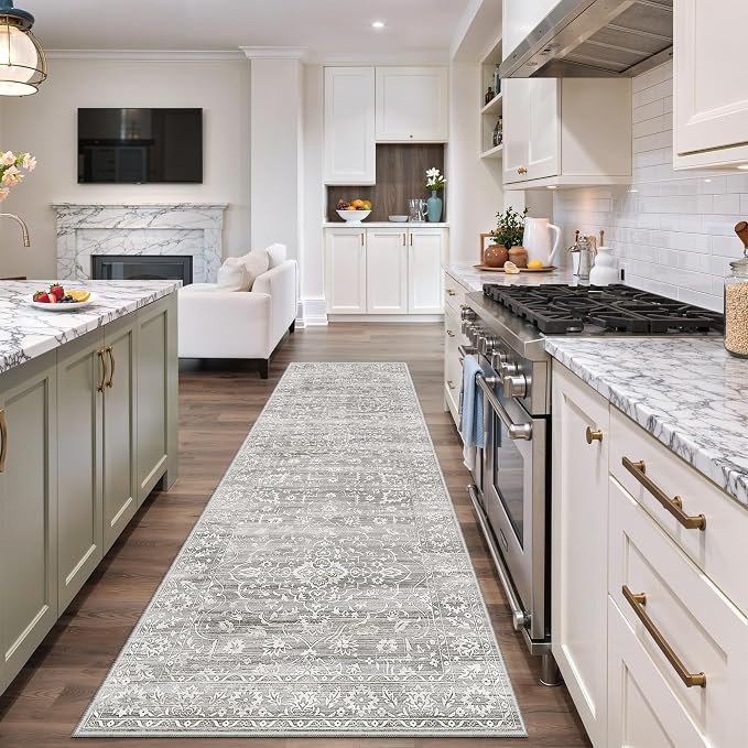Soalmost 2.5'x8' Runner Rugs for Hallway, Washable Kitchen Runner Rug Grey | Vintage Non-Slip Soft 2'6"x8' Carpet Runner with Rubber Backing for Entryway Laundry Bedroom Farmhouse