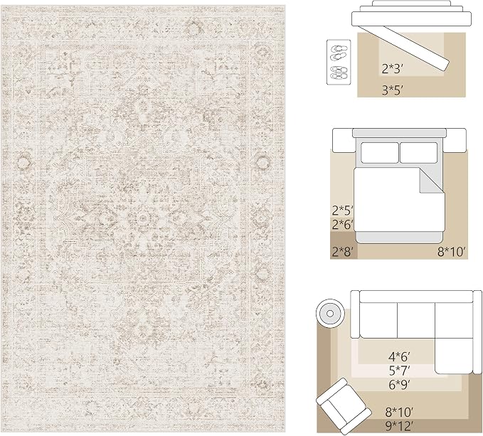 FMFUNCTEX 7x9 Washable Area Rug Beige Vintage Neutral Distressed Oriental Large Non Slip Carpet for Living Room Bedroom Soft Low Pile Indoor Mat Retro Throw Rug for Dining Room Kitchen Office Nursery
