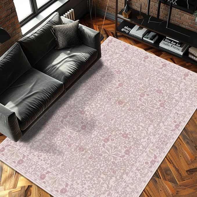 Vintage Pink Living Room Rug, 5x7 Washable Area Rugs for Dining Room Under Table, Soft Low Pile Large Carpet Bedroom, Non-Slip Boho Floral (5 x 7 Pink)