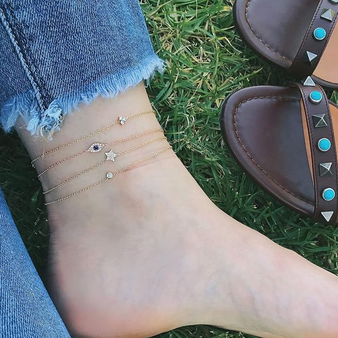 LOYATA Dainty Ankle Bracelet,14K Gold Plated Tiny Bead Anklet Dainty White Cubic Zirconia Cross Tassel Foot Chain Cute Lucky Moon Evil Eye Foot Jewelry Boho Anklets for Women
