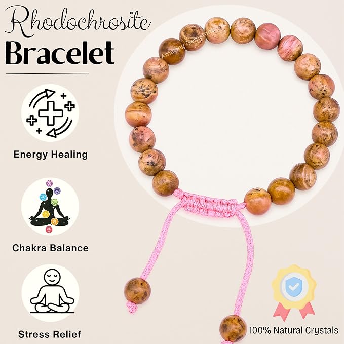Amazing Gemstone Rhodochrosite Bracelet, Gifts for Men & Women - Protection Healing Crystal Bracelet - 8mm Gemstone Beaded Adjustable Bracelet, Pulseras para Hombres Mujer Stocking Stuffers