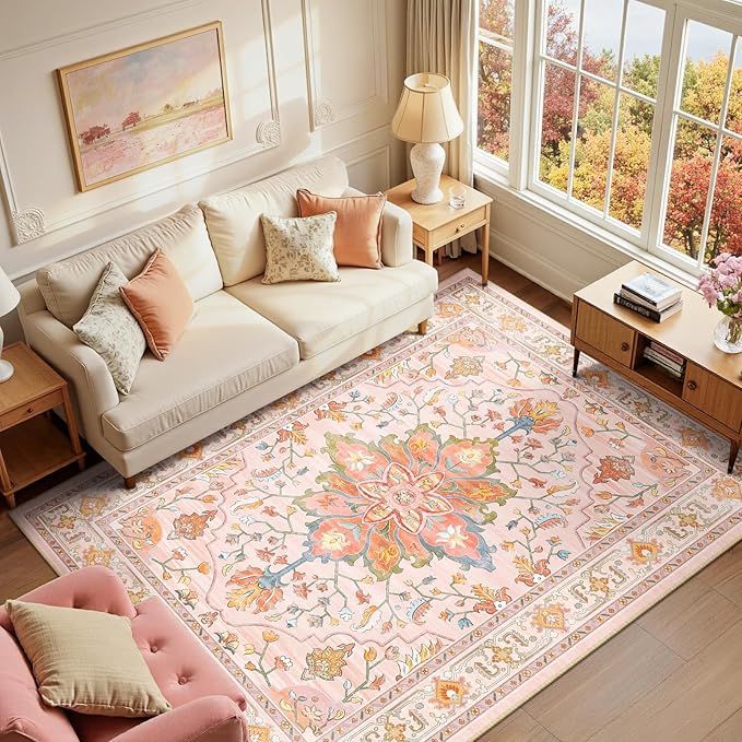 RELEANY Washable Area Rug, 6'x8', Pink/Light Pink/Colorful | Non-Slip, Water Repellent, Pet Friendly, Easy to Clean, Vintage Floral Boho Decor for Living Room Bedroom Dining Room Office