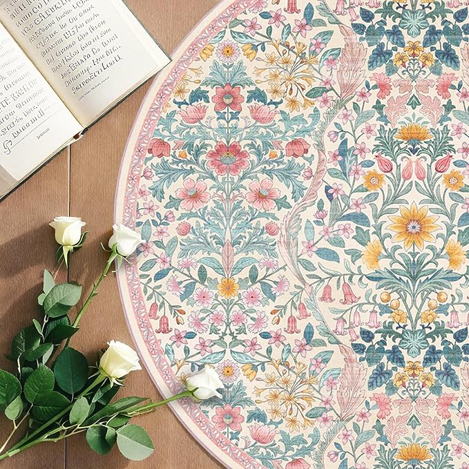 Round Rug 6ft Light Pink Washable Floral Circle Rug,Vintage Boho Botanical Round Area Rugs, Non-Slip Soft Low-Pile Circular Carpet for Girls Bedroom,Kids Room,College Dorm,Home Decor