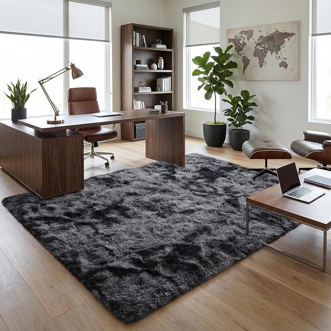 Fluffy Rugs for Living Room: Tie-dye Dark Grey Soft Shag Rug for Bedroom, Large Fuzzy Plush Indoor Floor Carpet Non Slip Modern Rug for Nursery Boys Girls Kids Room Dorms Home Decor, 9x11 Feet
