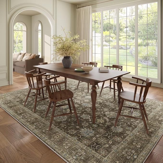 Boho Washable 8x10 Area Rugs for Living Room, Cushioned, Tan/Flaxen | Vintage Non-slip Neutral Oriental Rugs for Bedroom Dining Room Nursery Office High Traffic Area