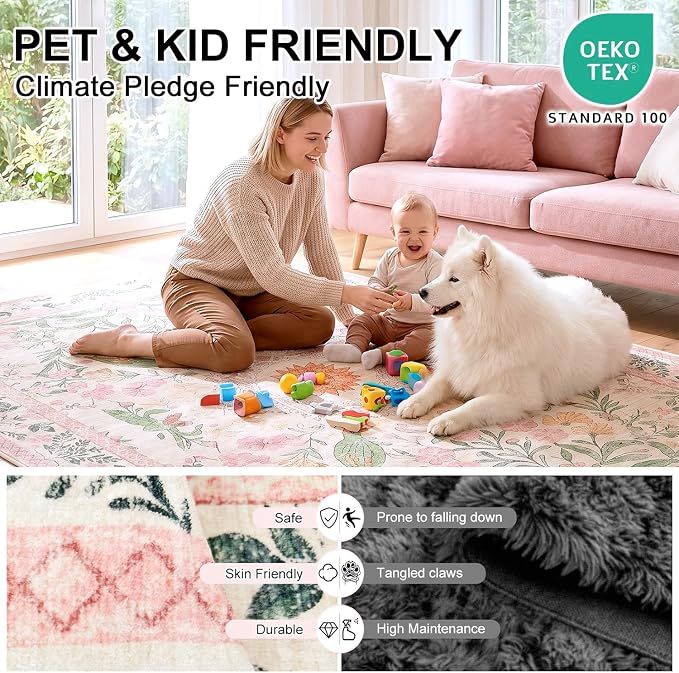 6'x9' Bohemian Floral Large Area Rug, Washable Living Room Rug, 0.3" Low Pile, Non-Slip Cotton-Backed Silicone Grip, Faux Wool Carpet for Dining Room Home Office, Cream/Pink/Sage