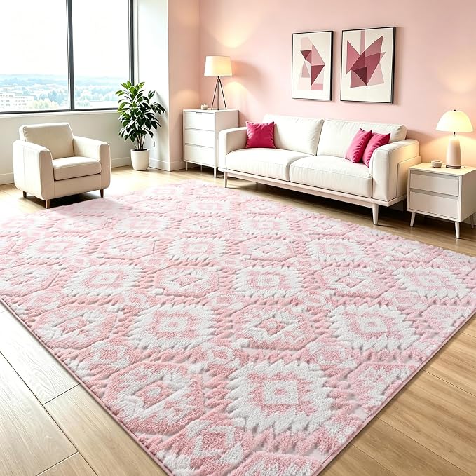 Macgace Ultra Soft Area Rug for Living Room, 5x7 Pink and White Shag Rugs | Washable Non-Slip Backing Medium Pile Modren Geometric Fuzzy Carpet for Kids Room, Girls Bedroom, Classroom, Dorm