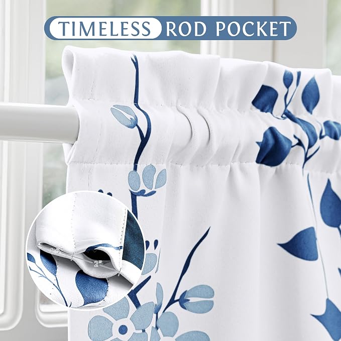 Beauoop Floral Valance Curtains for Kitchen Navy Blue 52X18 Inch 1 Panel | Flower Patterned Navy White Blackout Short Curtains for Living Room Bedroom Cafe Thermal Small Window Curtains Rod Pocket
