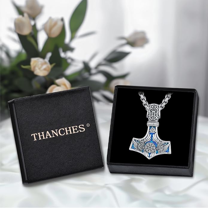 Thor Hammer Necklace for Women Men, S925 Sterling Silver Viking Mjolnir Necklace Pendant with Corlorful Opal Norse Runes Amulet Jewelry Gift