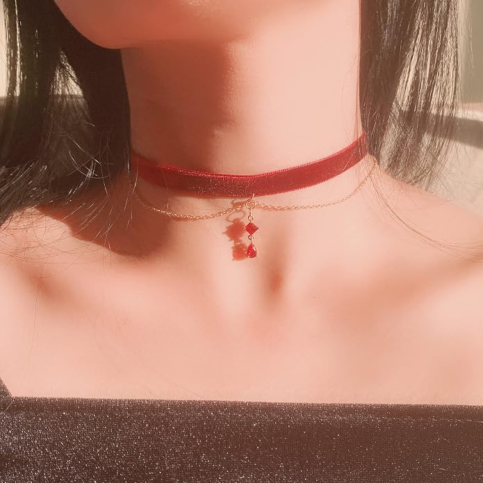 MOMOCAT Black Velvet Red Pendant Choker Necklace for Women Gothic Lace Chokers Necklace Witch Bride Vampire Accessories Aesthetic kawaii Jewelry for Women Teen Girls