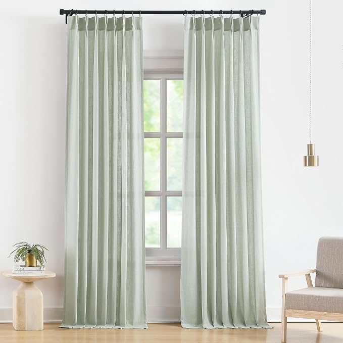 Vision Home Soft Green Pinch Pleated Semi Sheer Curtains Textured Linen Blended Light Filtering Window Curtains 112 inch for Living Room Bedroom Pinch Pleat Drapes with Hooks 2 Panels 40" Wx112 L