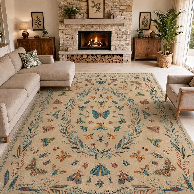 Washable Living Room Rug 8x10, Brown Blue Area Rugs for Bedroom Under Bed, Dining Room Under Kitchen Table, Kids Room, Playroom, Large Modern Boho Carpet, Ultra Soft Stain Resistant Colorful Decor