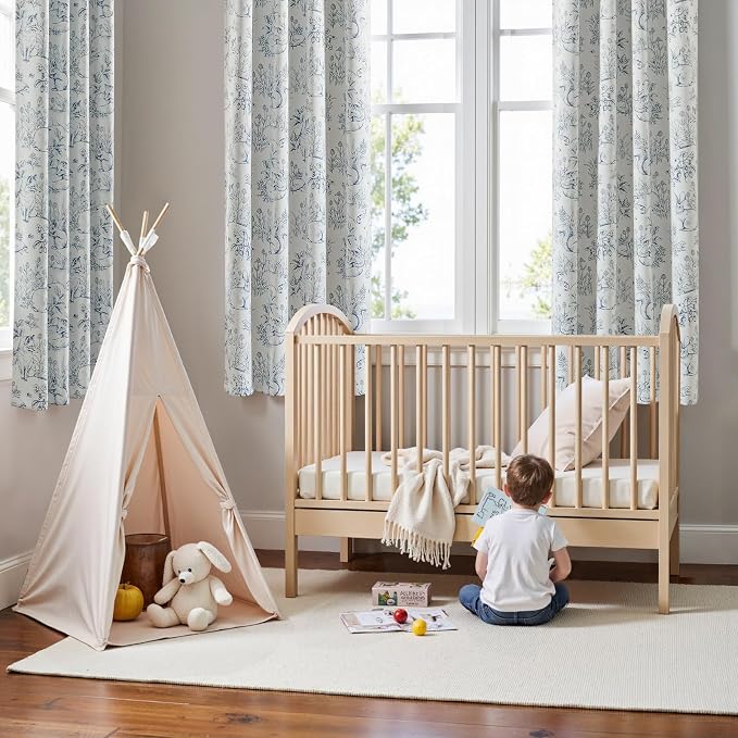 jinchan Blue Blackout Curtains W38xL63 Whimsical Back Tab 2 Panels | Room darkening,nursery kids bedroom,privacy,whimsical,cottagecore,bunny pattern,botanical,nature-inspired decor