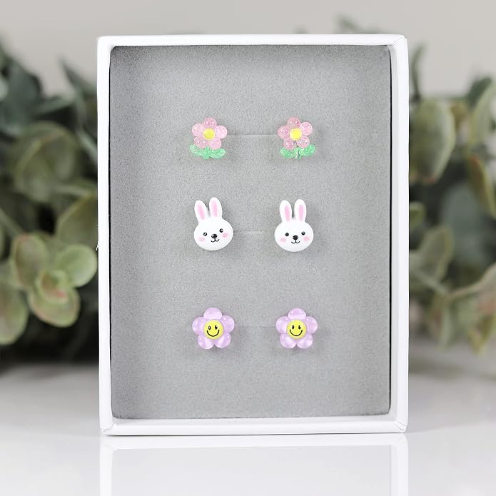 Metal Free Plastic Post Earrings Gift Set Pink Flower Bunny Purple Smiley Face Flower