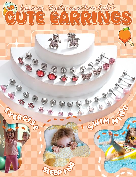 LOYALLOOK 14Pairs Hypoallergenic Screwback Earrings for Women Girls Tiny CZ Pearl Ball Heart Flower Screw Back Earring Studs 316L Stainless Steel Stud Earrings Flatback 20G Over 3 Years Old