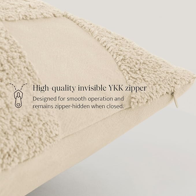Double Stitch 100% Cotton Throw Pillow Covers - Checkered Tufted Boho Decorative Pillow Covers 20x20, Made in India, Square Cushion Case, Modern Home Decor for Couch, Sofa, Living Room, Beige