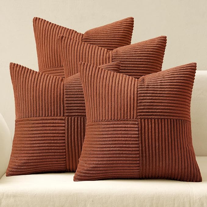 MIULEE Fall Boho Farmhouse Rust Decorative Throw Pillow Covers 20x20 Inch 4 Packs Soft Vintage Pillow Cases Modern Corduroy Patchwork Cushion Covers for Couch Sofa Bed Home Decor, Terracotta