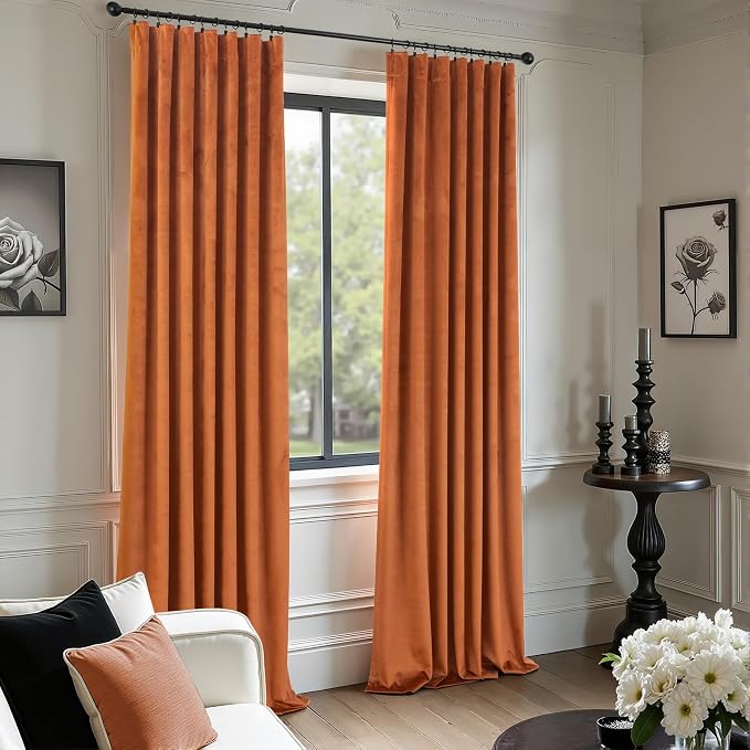 Burnt Orange Velvet Curtains 96 Inches Long for Bedroom 2 Panels Back Tab Luxury Textured Light Blocking Soundproof Autumn Drapes Rust Terracotta Living Room Darkening Curtains Boho Modern Farmhouse