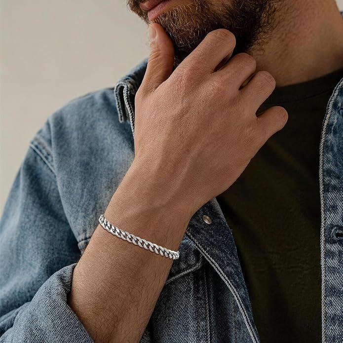 Fiusem Mens Silver Colored Bracelets for Men, Stainless Steel Cuban link Bracelet, 5mm/7mm/8mm Width, 7.1"/7.5"/7.9" Length Jewelry